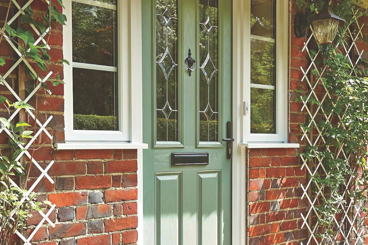GRP outer skin and hardware detail on a composite front door